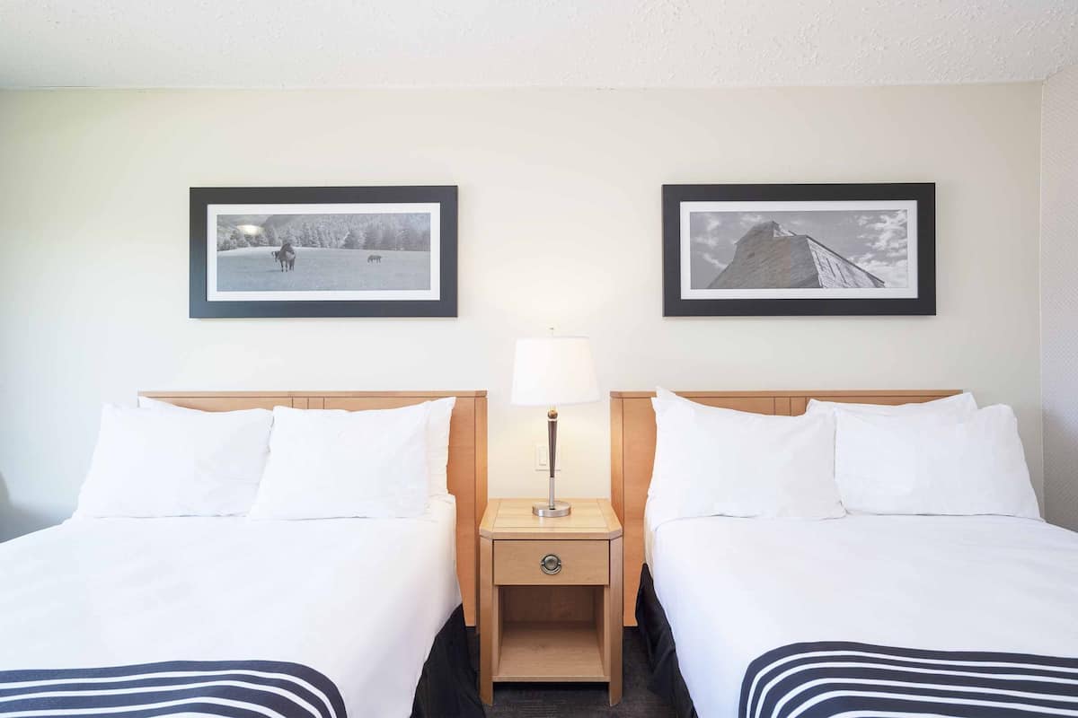 A hotel room with two beds, a nightstand with a lamp, and two framed pictures on the wall.