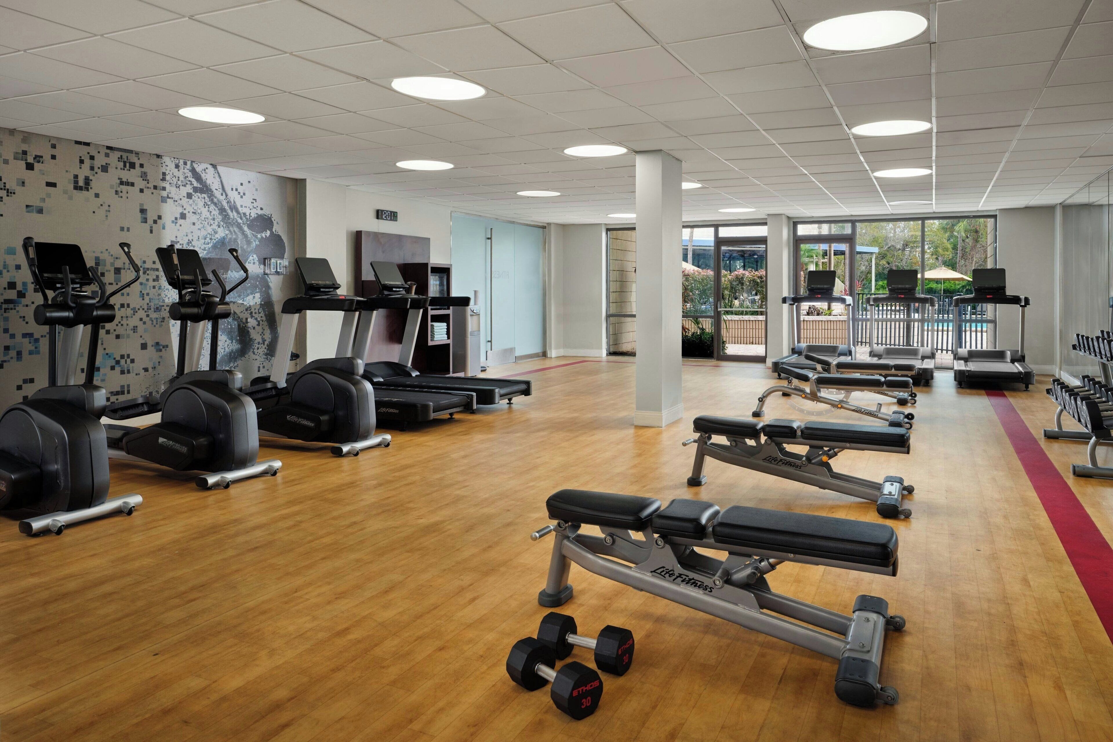 A gym with treadmills, elliptical machines, and weight benches.