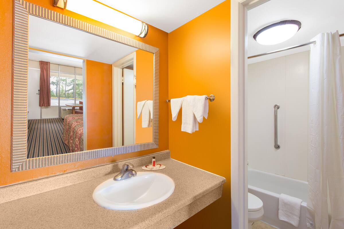 A bathroom with a sink, mirror, and shower.