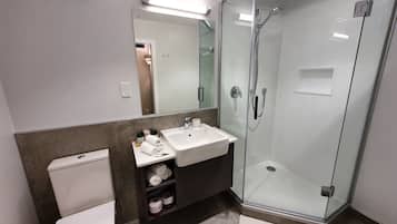 Un baño moderno con ducha envuelta en vidrio, un lavamanos blanco y un inodoro.