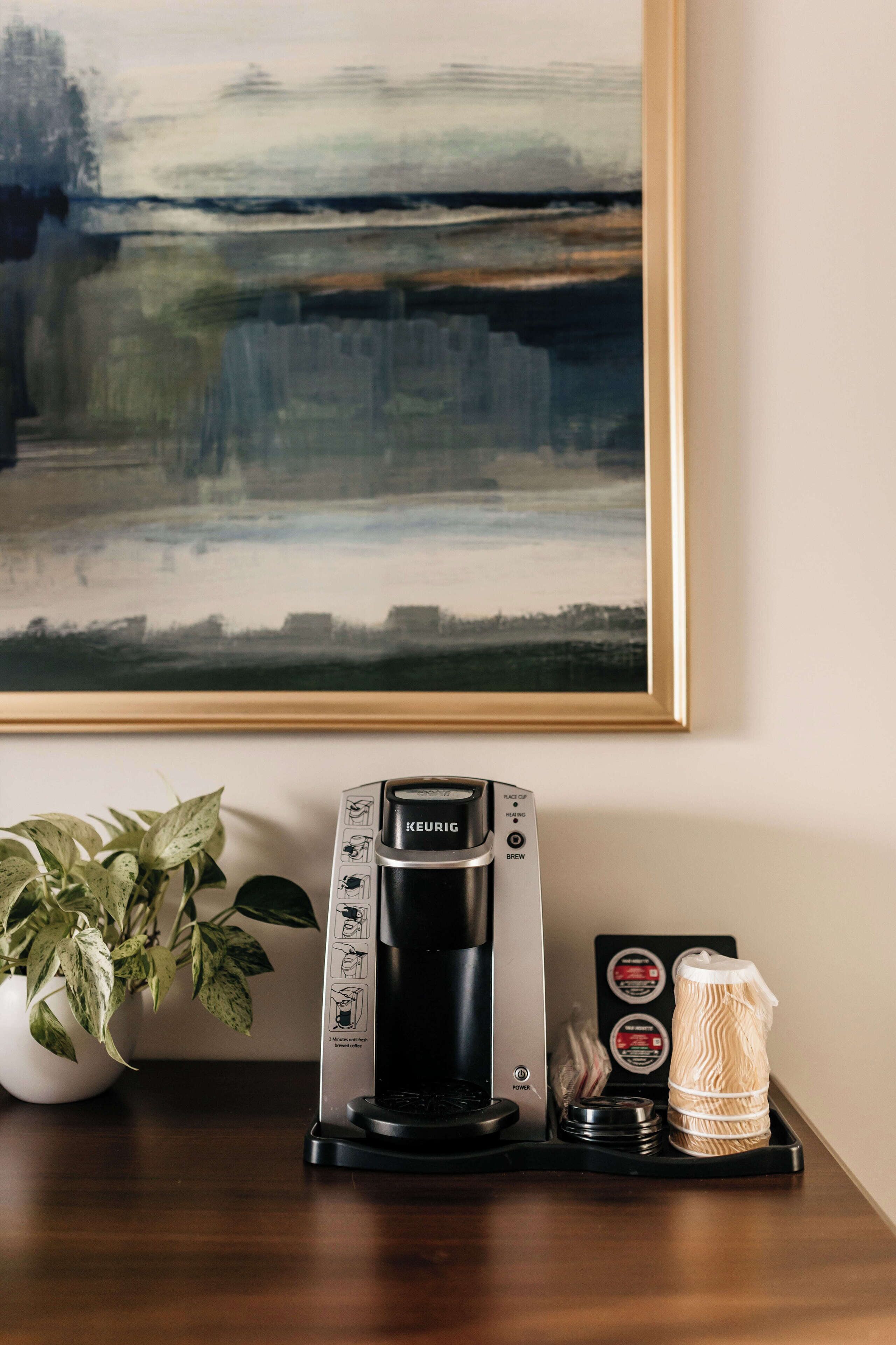 Uma cafeteira Keurig sobre uma mesa, com uma planta e um quadro emoldurado ao fundo.