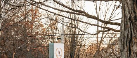 Un cartel con la letra 'A' y el nombre 'Aurora Inn' en una zona boscosa con árboles desnudos y suelo cubierto de nieve.