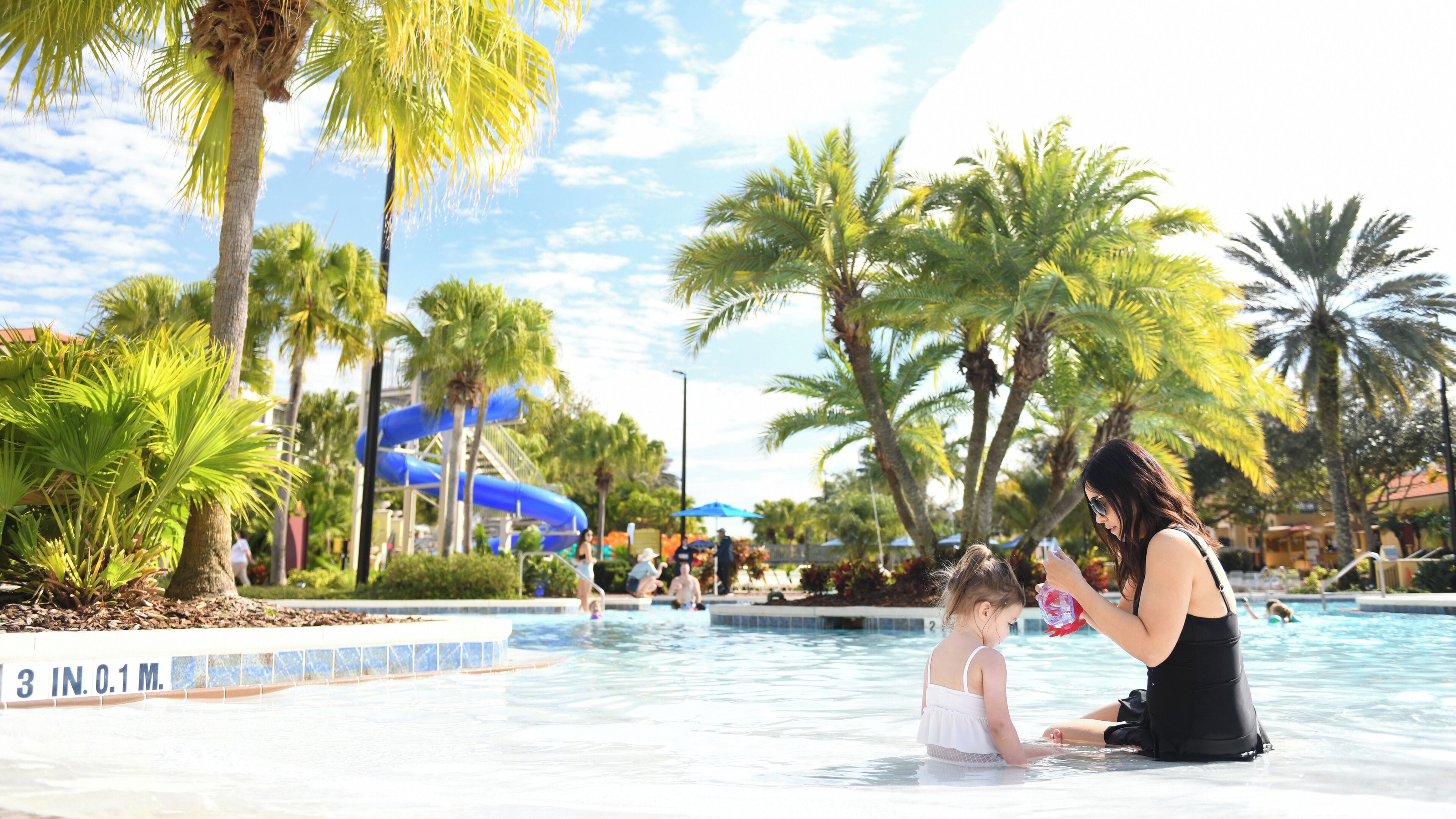 Un área de piscina con palmeras, un tobogán de agua y una torre de salvavidas.