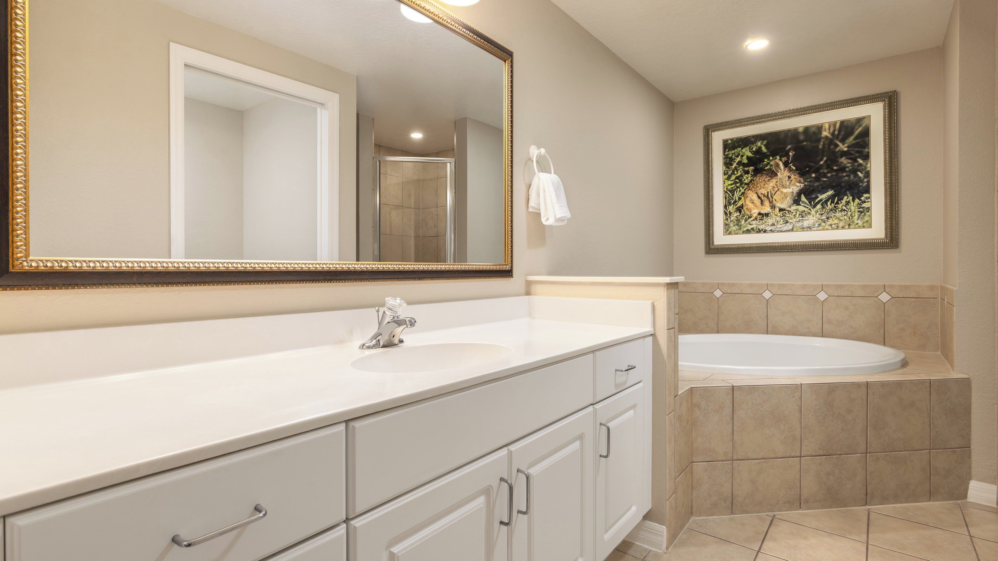 A bathroom with a large mirror, a sink, a bathtub, and a framed picture on the wall.