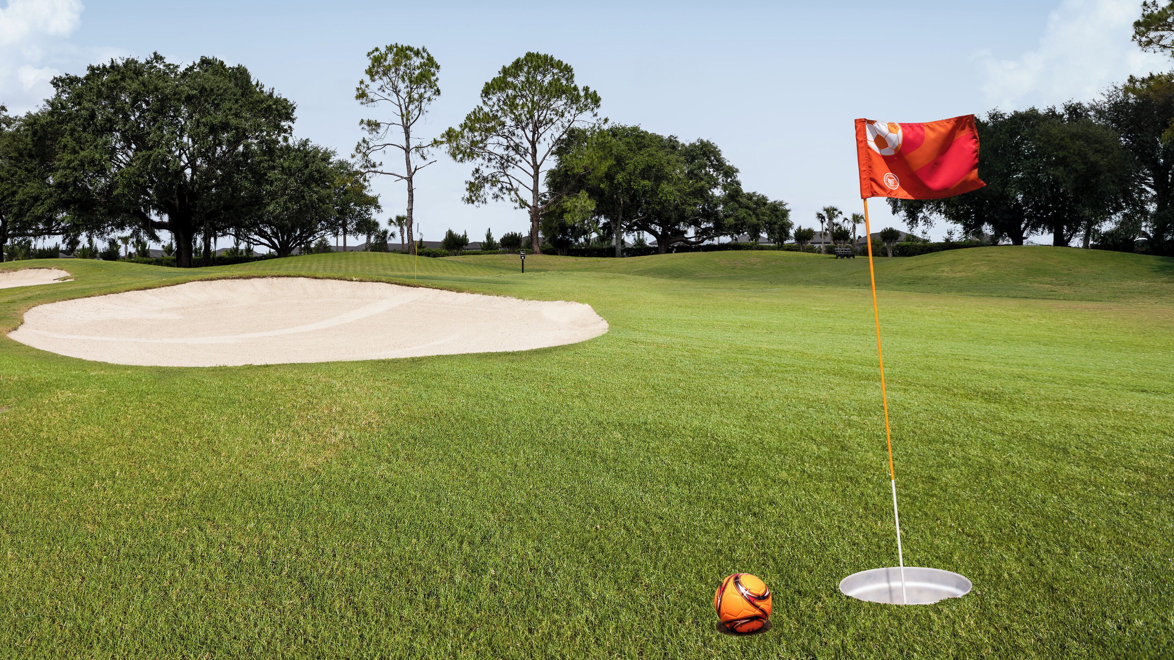 A golf course with a sand bunker, a flag, and a golf ball.