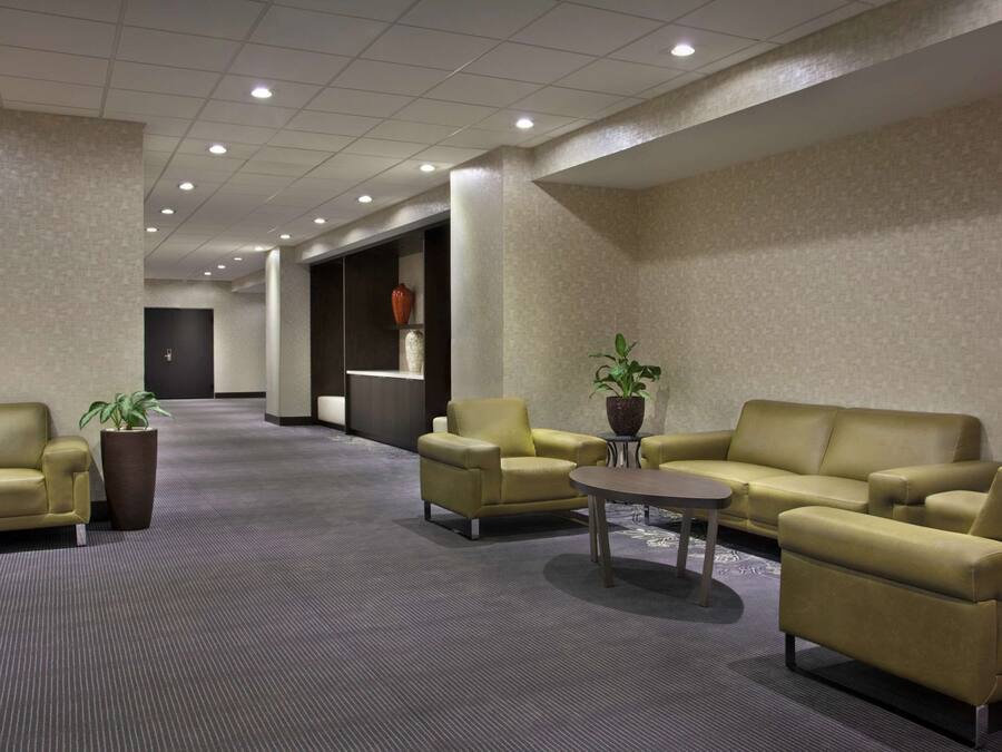 A spacious lobby with a carpeted floor, two sofas, a coffee table, and potted plants.