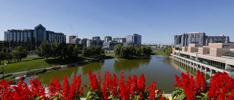 Un complejo moderno de edificios frente a una gran masa de agua, rodeado de vegetación y flores rojas.