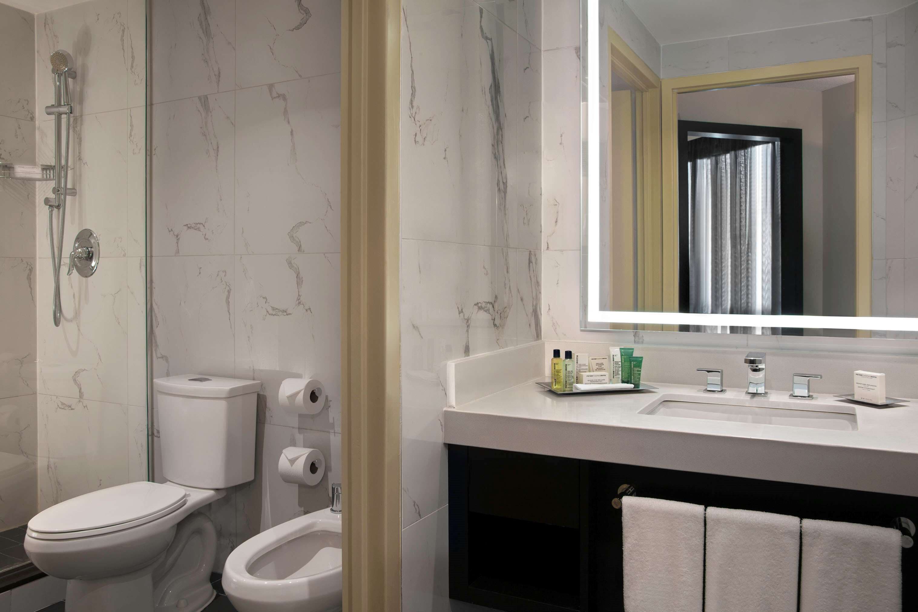 Ein Badezimmer mit Toilette, Bidet und Dusche. Ein Waschbecken mit Pflegeprodukten und einem Handtuchhalter.