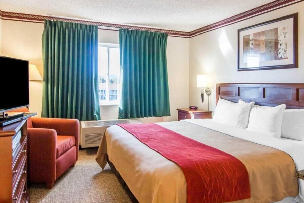 A hotel room with a bed, a desk, a chair, a television, and a window with curtains.