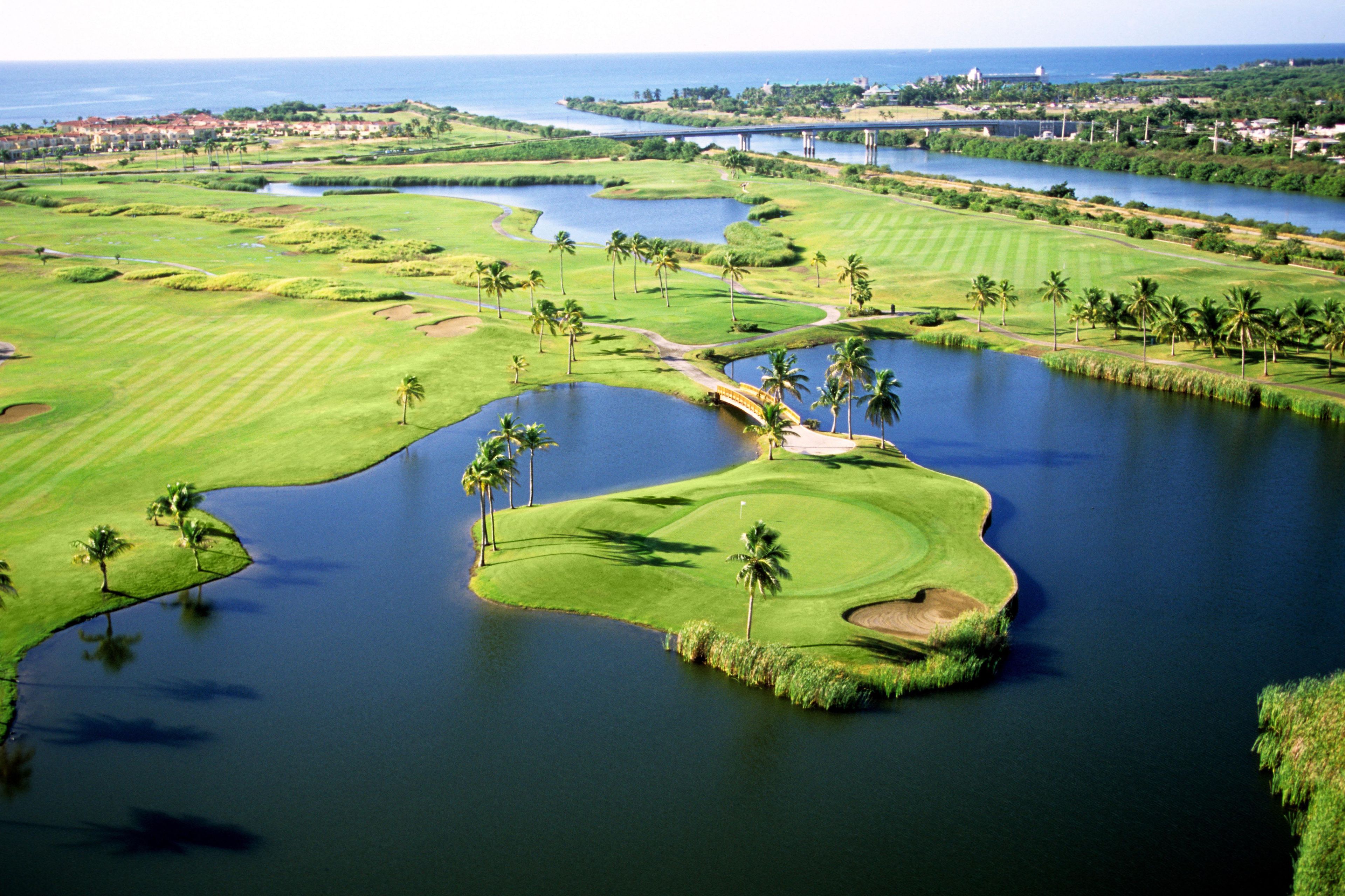Un campo de golf con varios obstáculos de agua, palmeras y un puente.