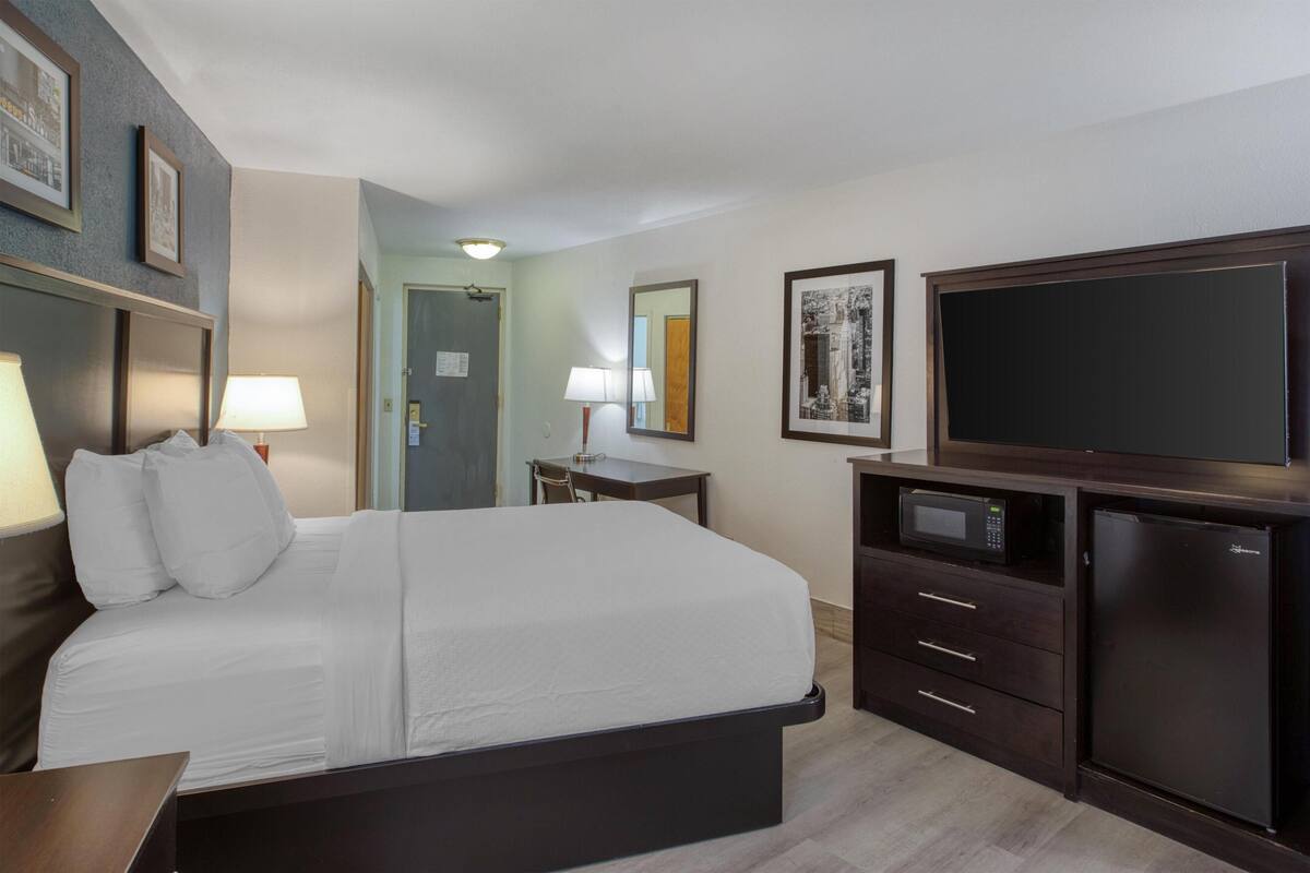 A hotel room with a bed, bedside tables, a desk, a microwave, a refrigerator, and a flat-screen TV.