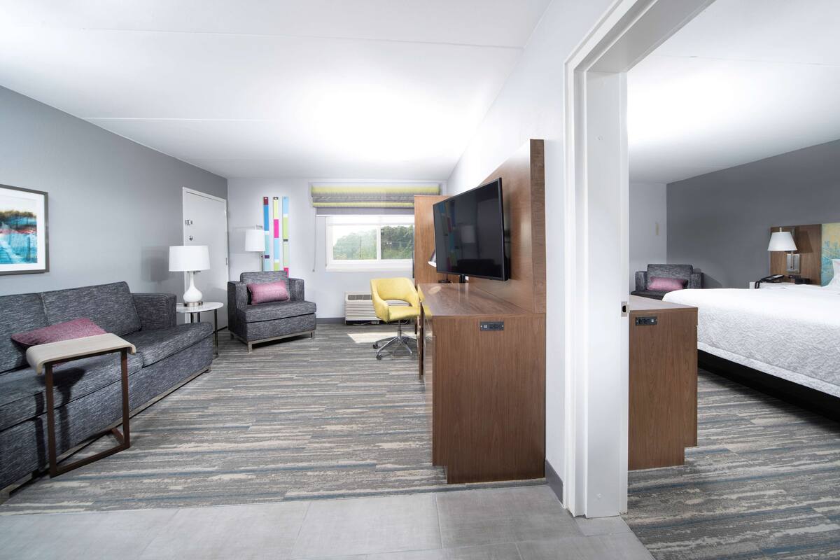 Habitación de hotel con sofá, escritorio, televisor de pantalla plana, cama y ventana con vistas.