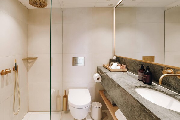 Un baño moderno con ducha, inodoro y tocador con un espejo grande.