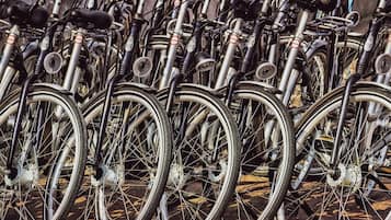 A row of bicycles parked closely together.