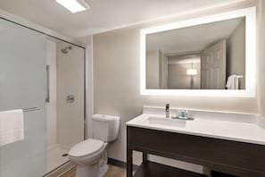 Features a glass-enclosed shower, white toilet, and vanity with a large mirror.
