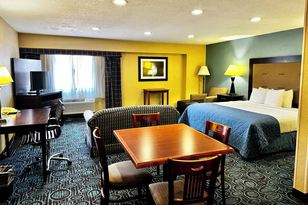 A hotel room with a bed, a desk, a chair, a television, a lamp, and a painting on the wall.