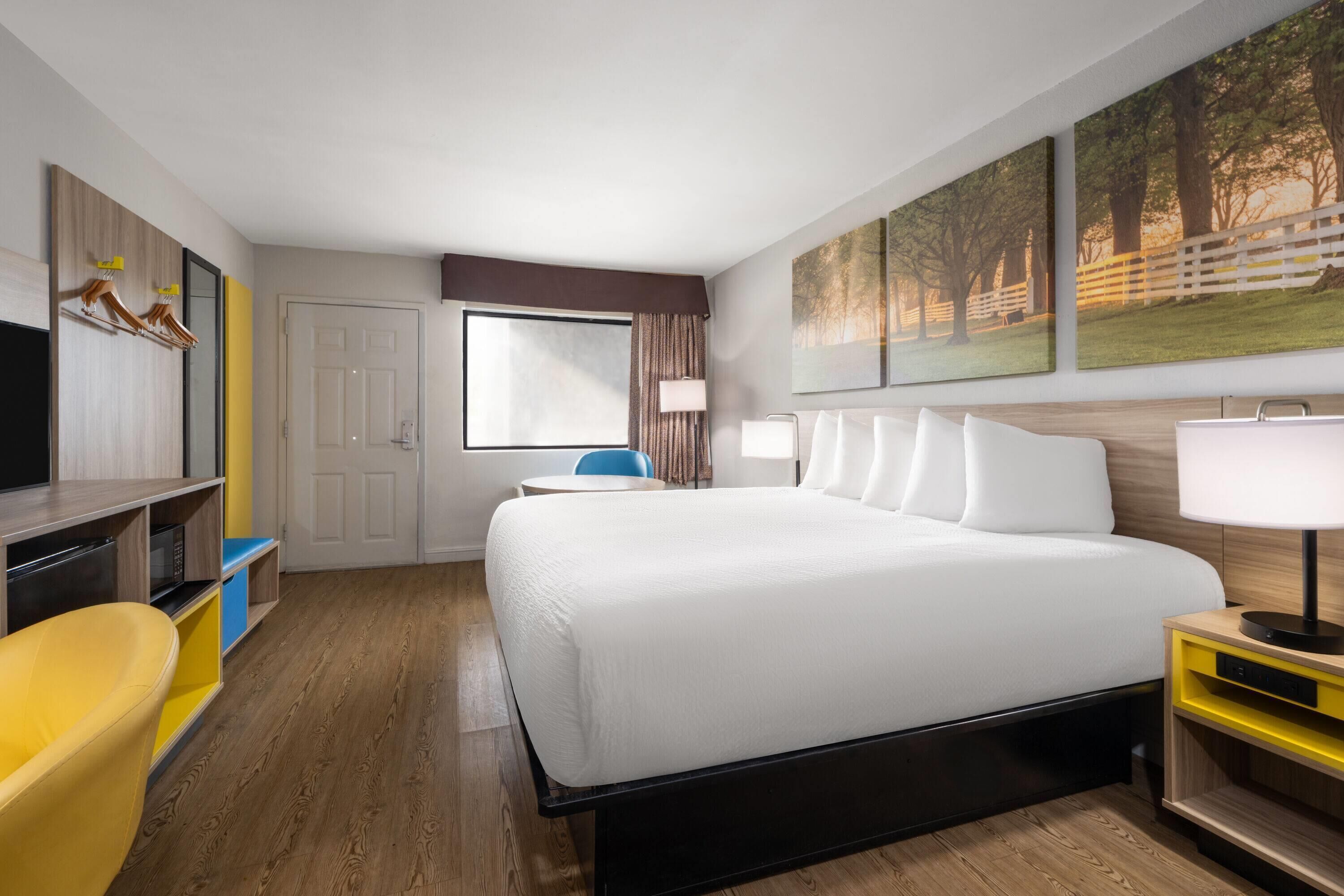 A hotel room with a bed, a desk, a chair, a TV, and artwork on the wall.
