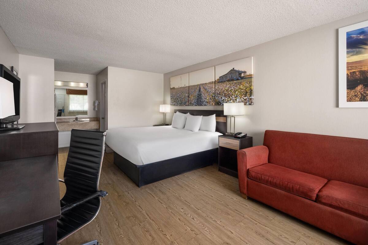 Ein Hotelzimmer mit einem Bett, einem Schreibtisch, einem Stuhl, einem roten Sofa, einem Nachttisch, einer Lampe, einem Spiegel und einem großen Landschaftsbild an der Wand.