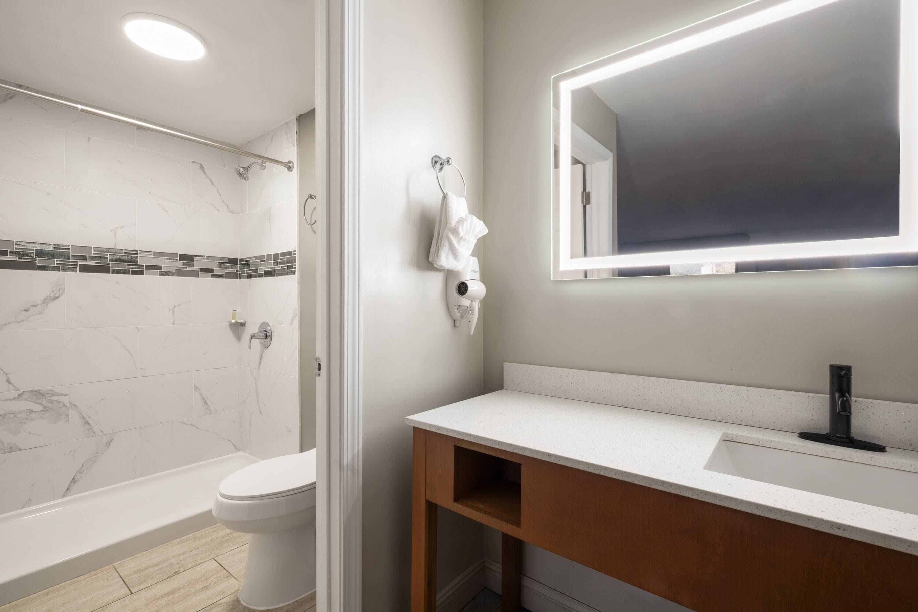 A bathroom with a shower, toilet, and vanity with a mirror.