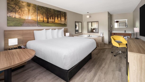 A hotel room with a large bed, a desk, a chair, a bathtub, and a large window.