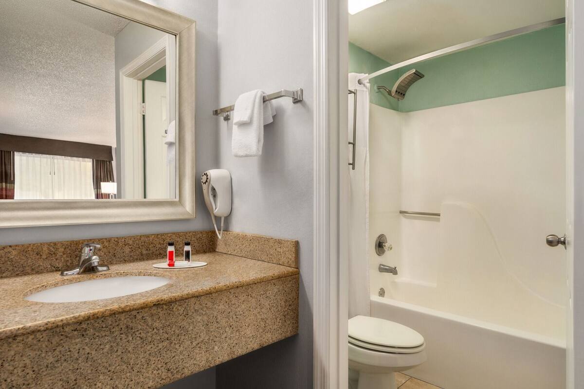 Bathroom | Combined shower/tub, free toiletries, hair dryer, towels