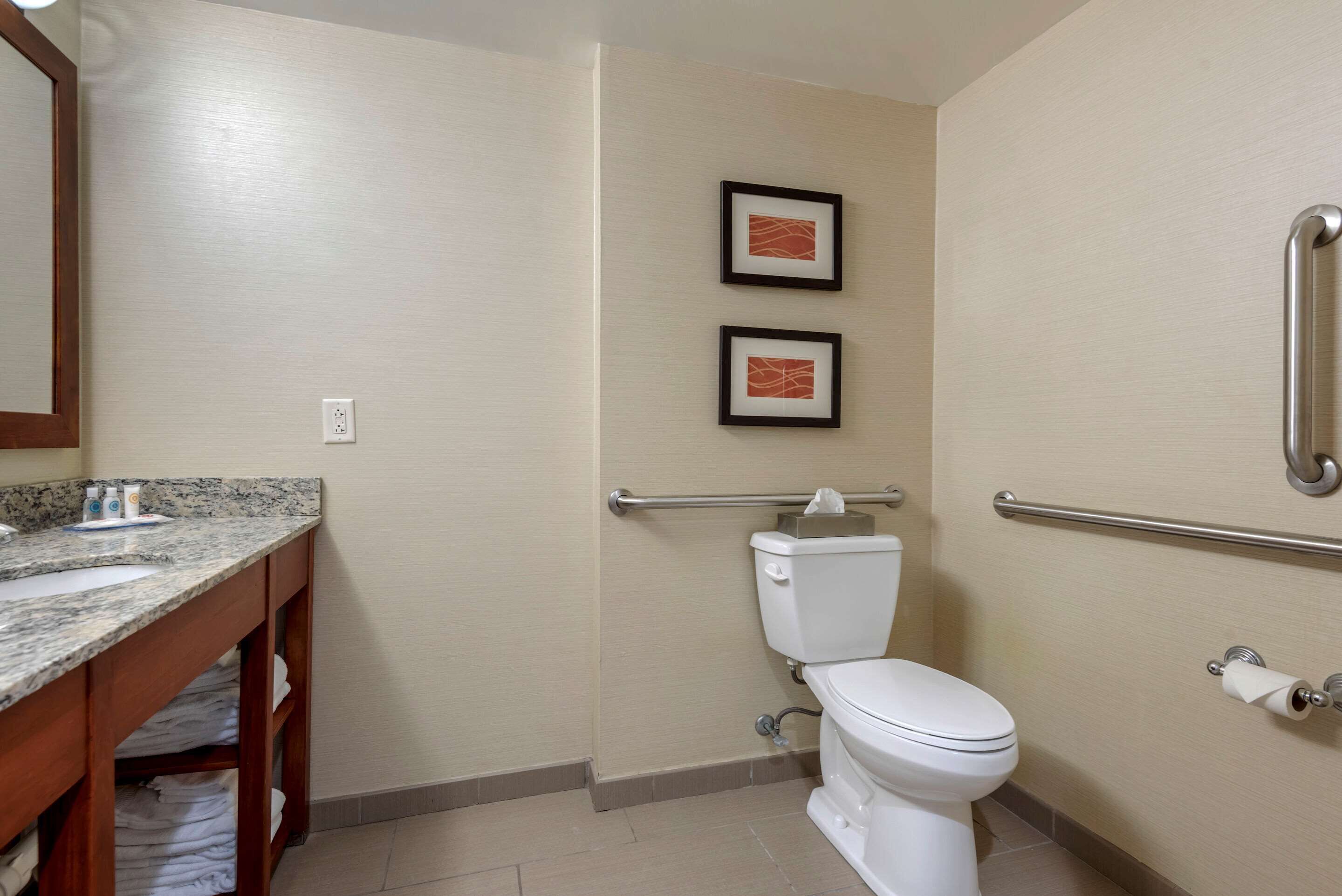 A bathroom with a toilet, a sink with a marble countertop, and two framed pictures on the wall.