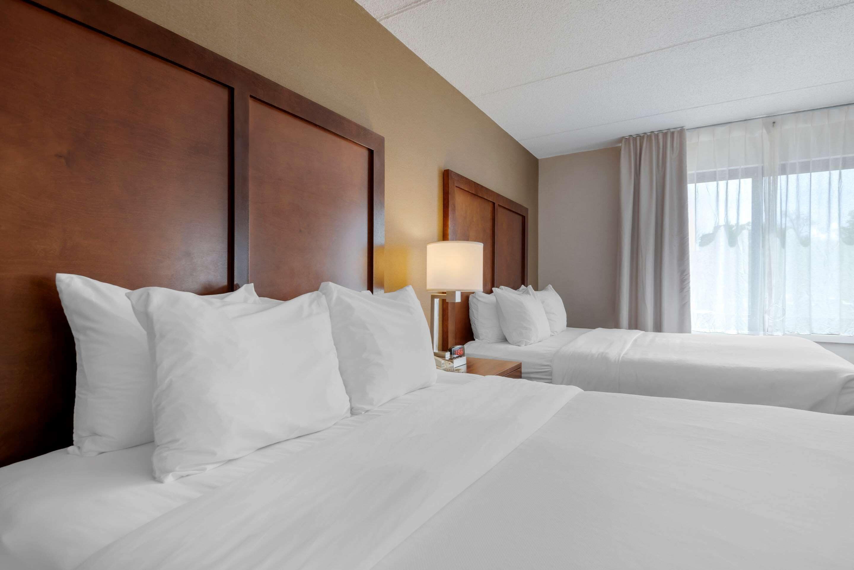 A hotel room with two beds, wooden headboards, a nightstand with a lamp, and a window with sheer curtains.