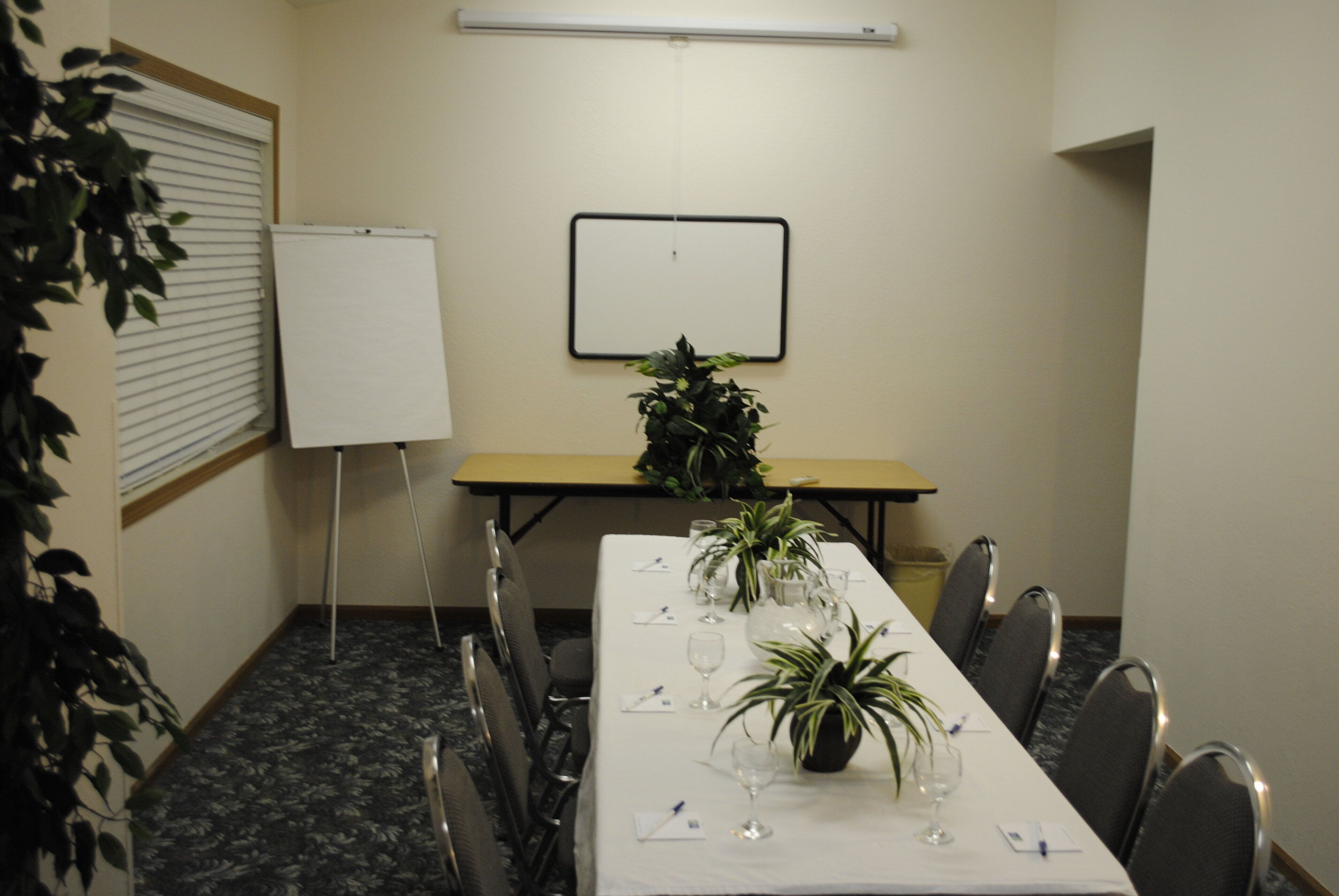 Ett konferensrum med ett långt bord, stolar, en whiteboard och krukväxter.