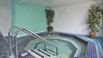 A small indoor pool with a metal ladder, tiled steps, and potted plants.