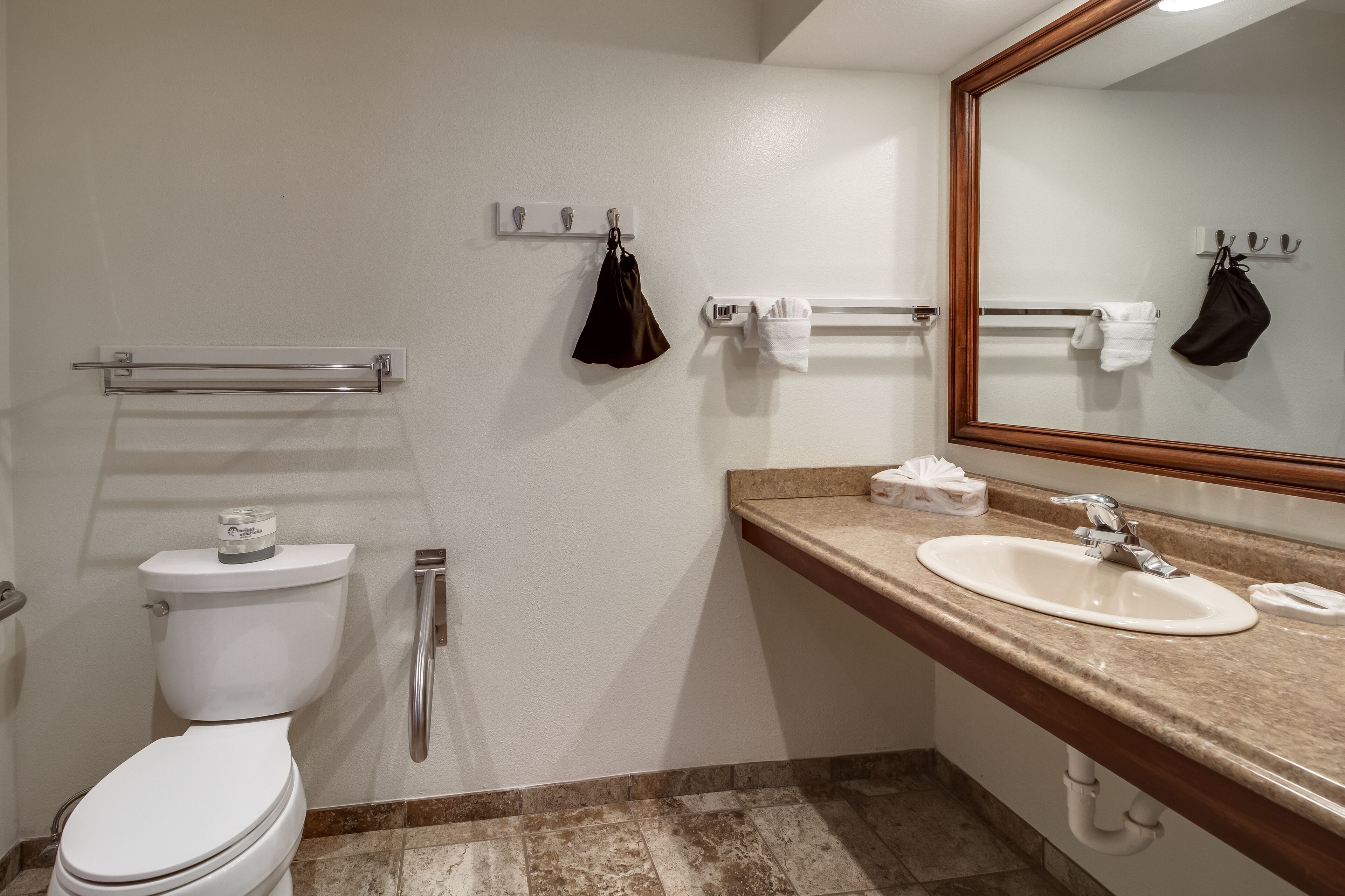 A bathroom with a toilet, sink, mirror, towel rack, and handrails.
