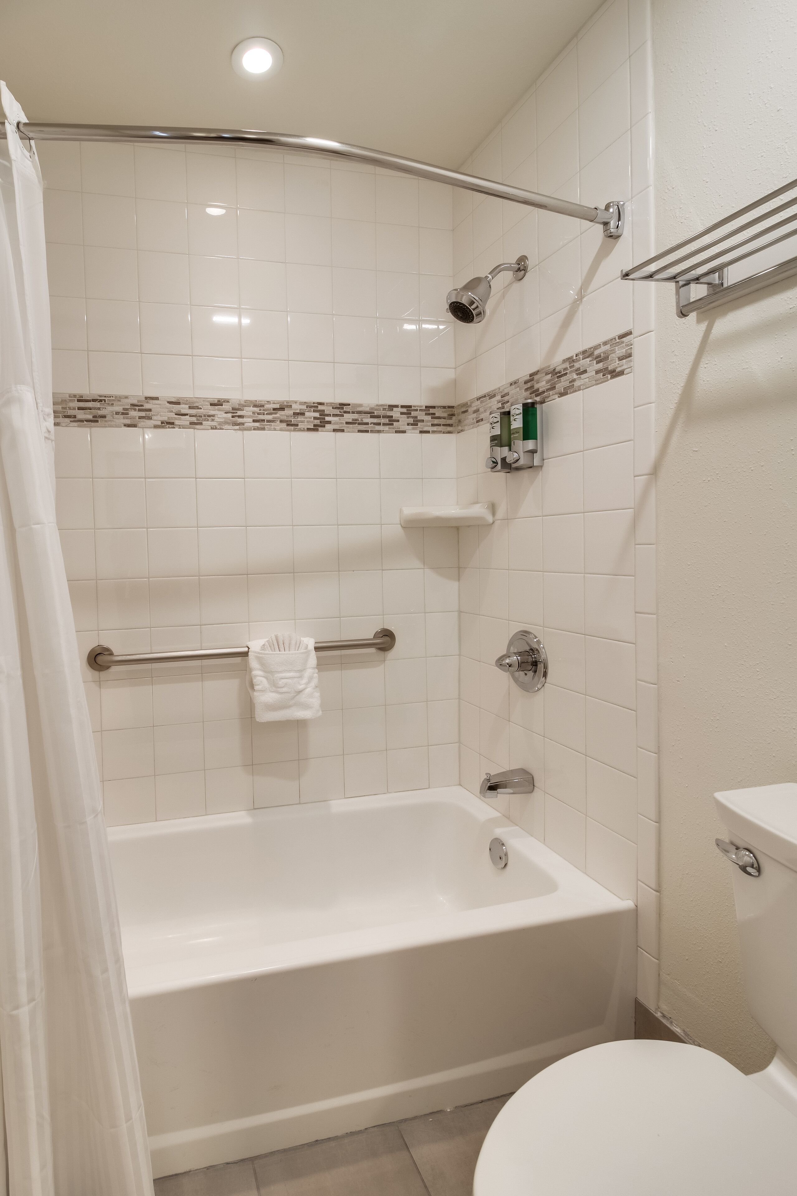 A bathroom with a bathtub, toilet, and shower area.
