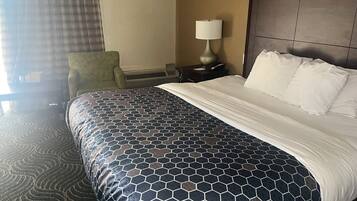 Down comforters, desk, blackout drapes, iron/ironing board