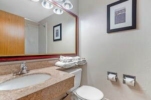 Un baño con lavamanos, espejo, inodoro y toallero.