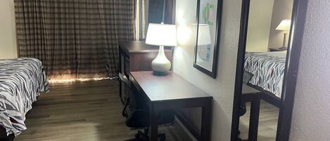 Down duvets, desk, blackout curtains, iron/ironing board