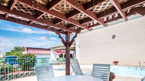An outdoor patio with a round table and chairs, a pool, and a brick wall in the background.