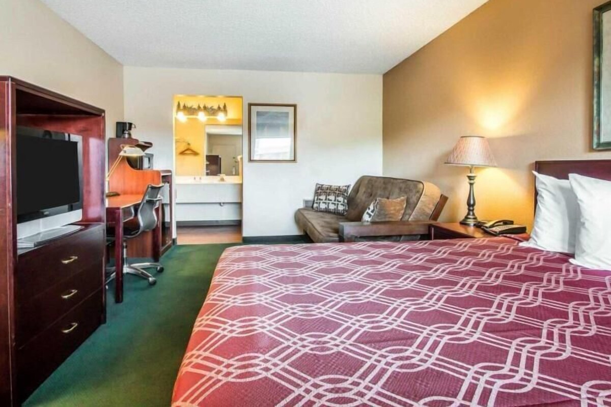 Habitación de hotel con una cama, un escritorio con silla, televisión, lámpara y sofá.