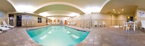 Indoor pool, open 7 AM to 10 PM, sun loungers