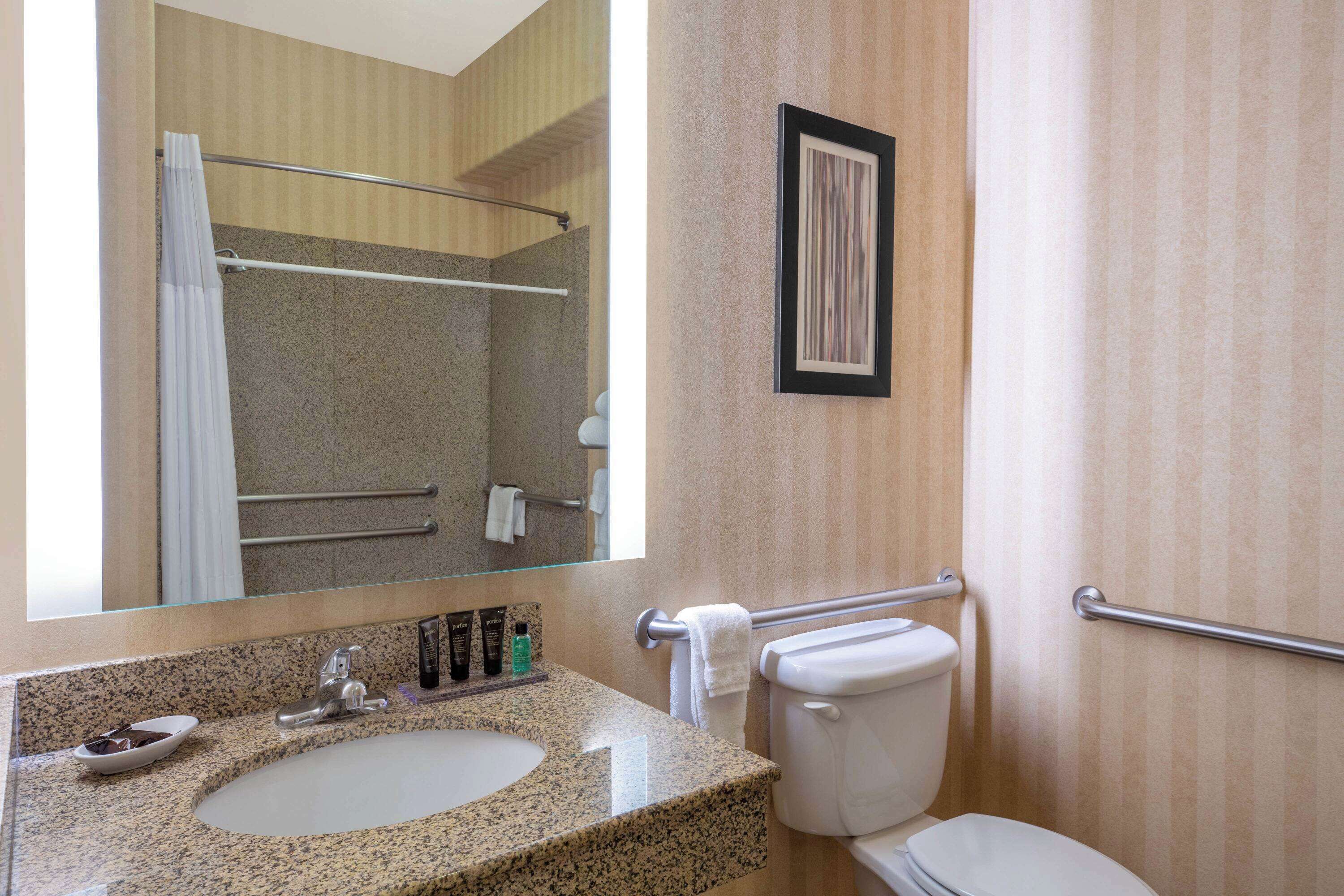 A bathroom with a granite countertop sink, a mirror, a framed picture, a towel rack, and a toilet.