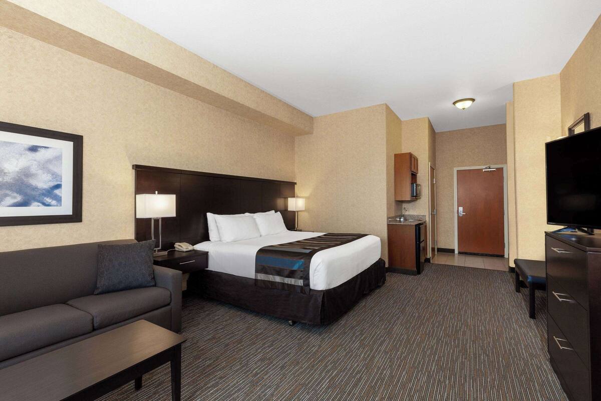 A hotel room with a bed, a sofa, a desk, a television, and a bathroom door.