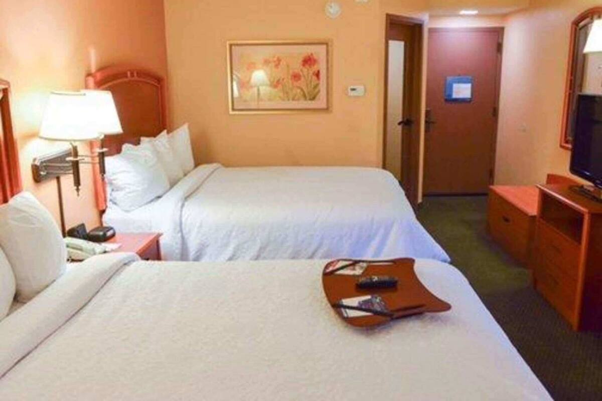 A hotel room with two beds, a desk, a lamp, a television, and a painting on the wall.