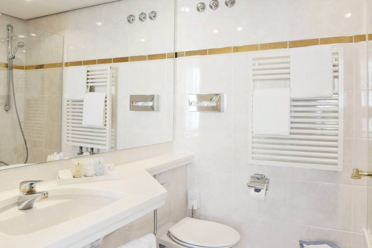 double room (streetview) | bathroom | combined shower/bathtub, eco-friendly toiletries, hair dryer, bathrobes