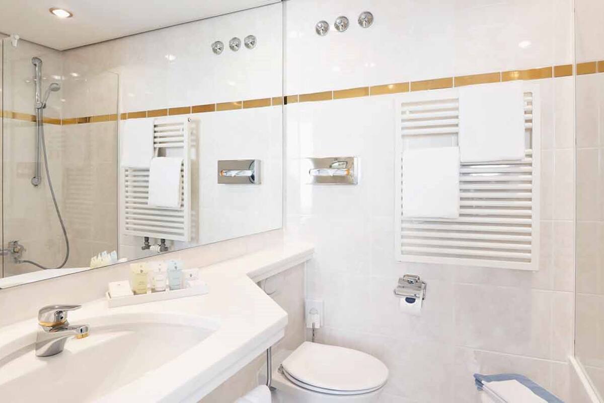 standard double room, courtyard view | bathroom | combined shower/bathtub, eco-friendly toiletries, hair dryer, bathrobes