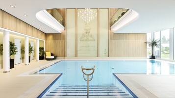 Indoor pool, seasonal outdoor pool, pool umbrellas, pool loungers
