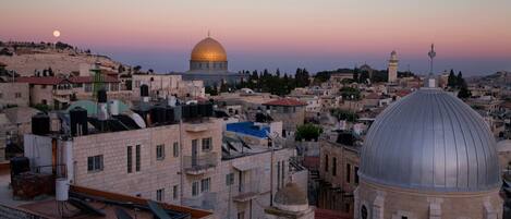 A cityscape with prominent domed buildings, including a large golden dome and a smaller silver dome, surrounded by residential and historical architecture.