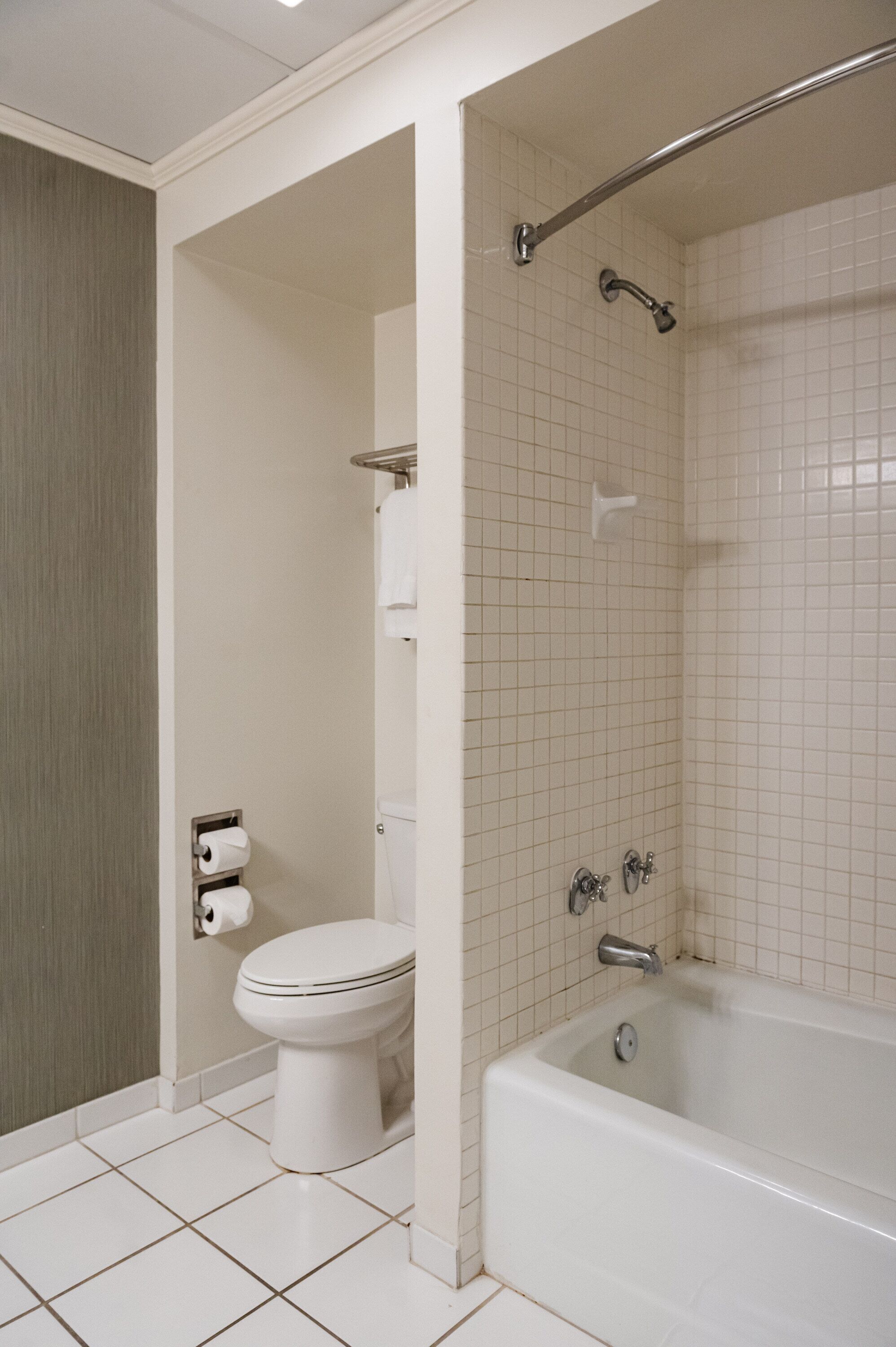 A bathroom with a toilet, a bathtub, and a shower area.