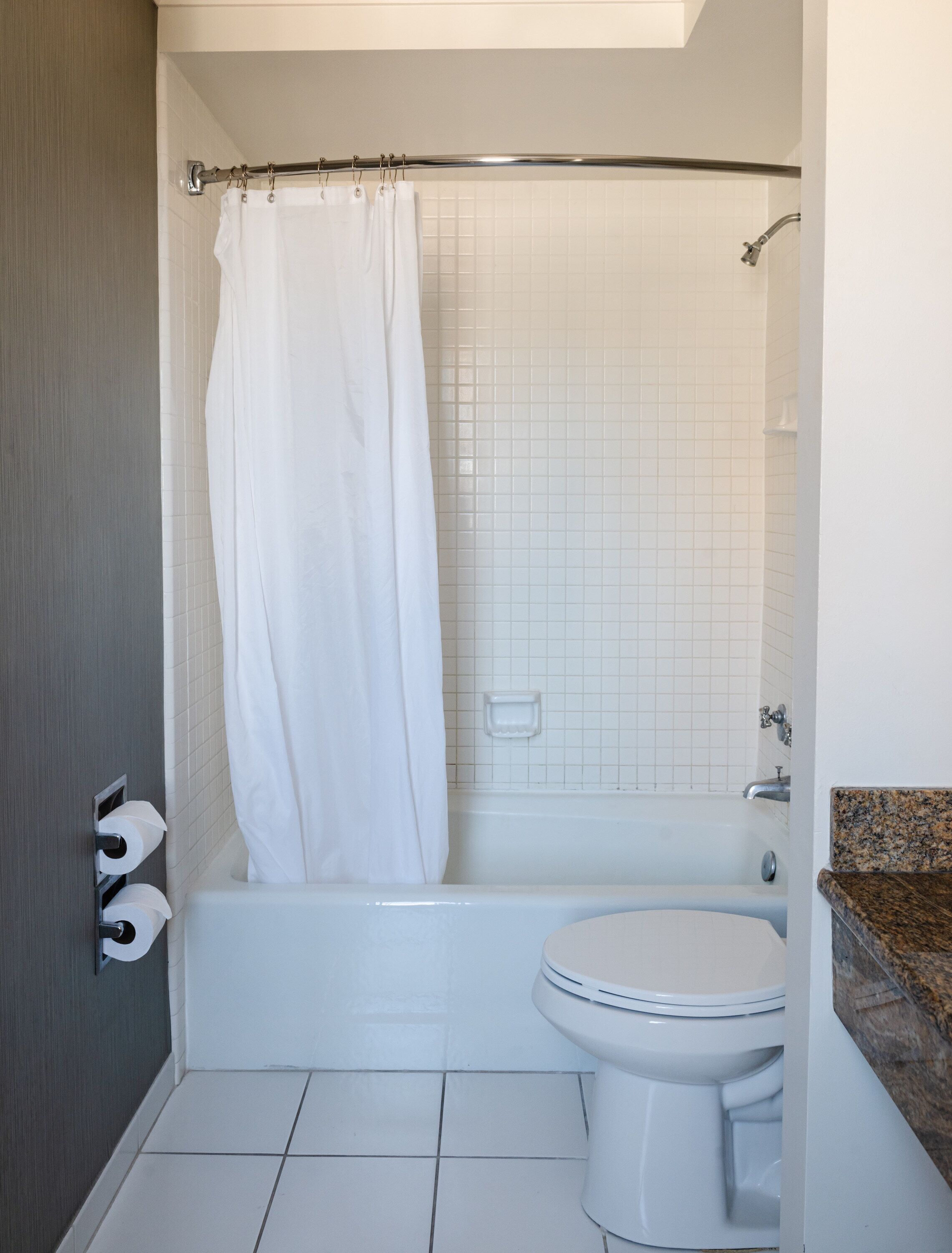 A bathroom with a bathtub, toilet, and a shower curtain.