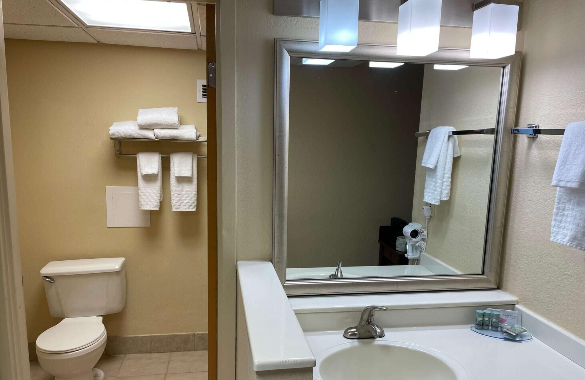 A bathroom with a toilet, a sink, a mirror, and towels on a rack.