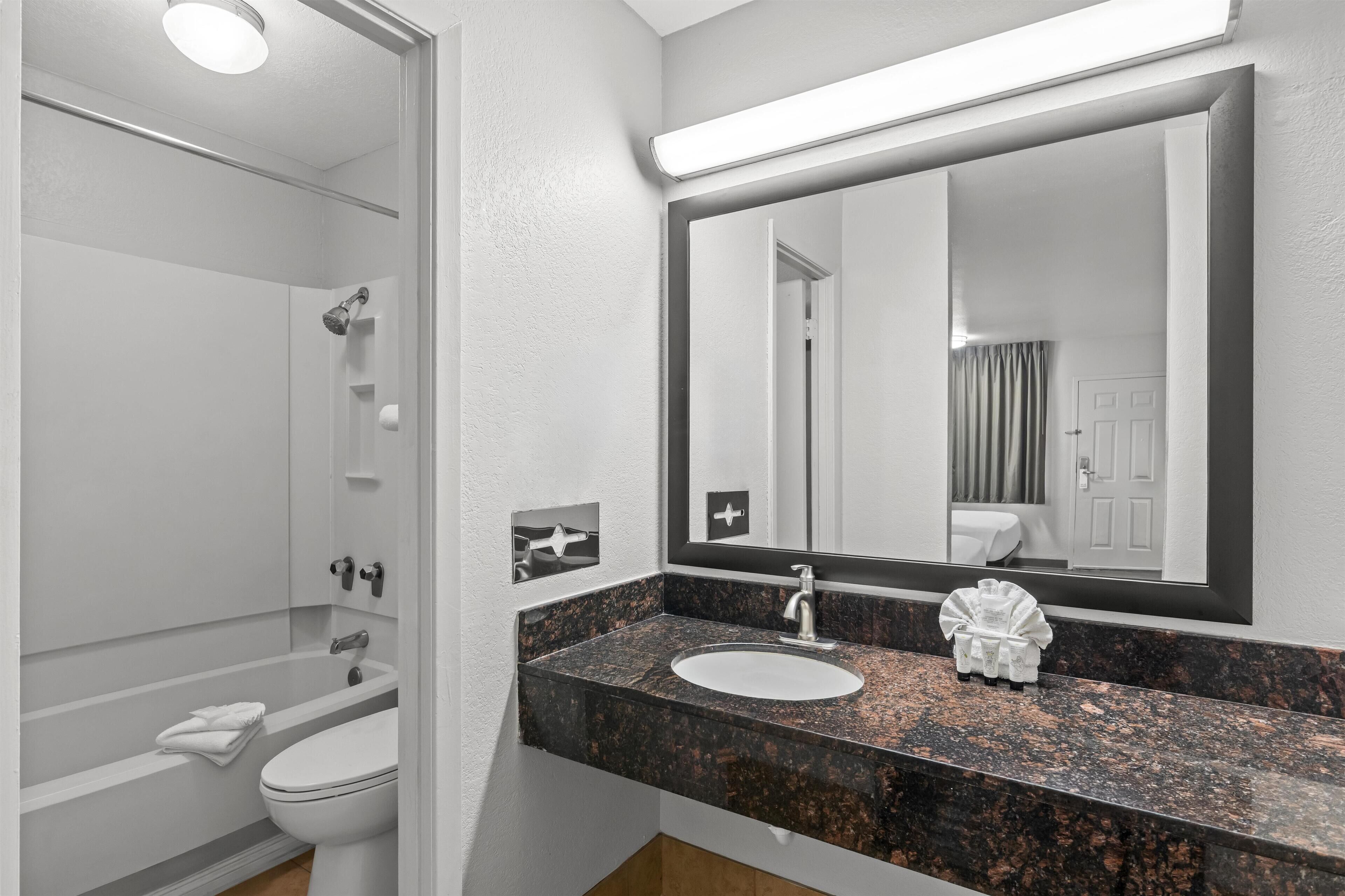 A bathroom with a white toilet, a sink with a marble countertop, and a large mirror.