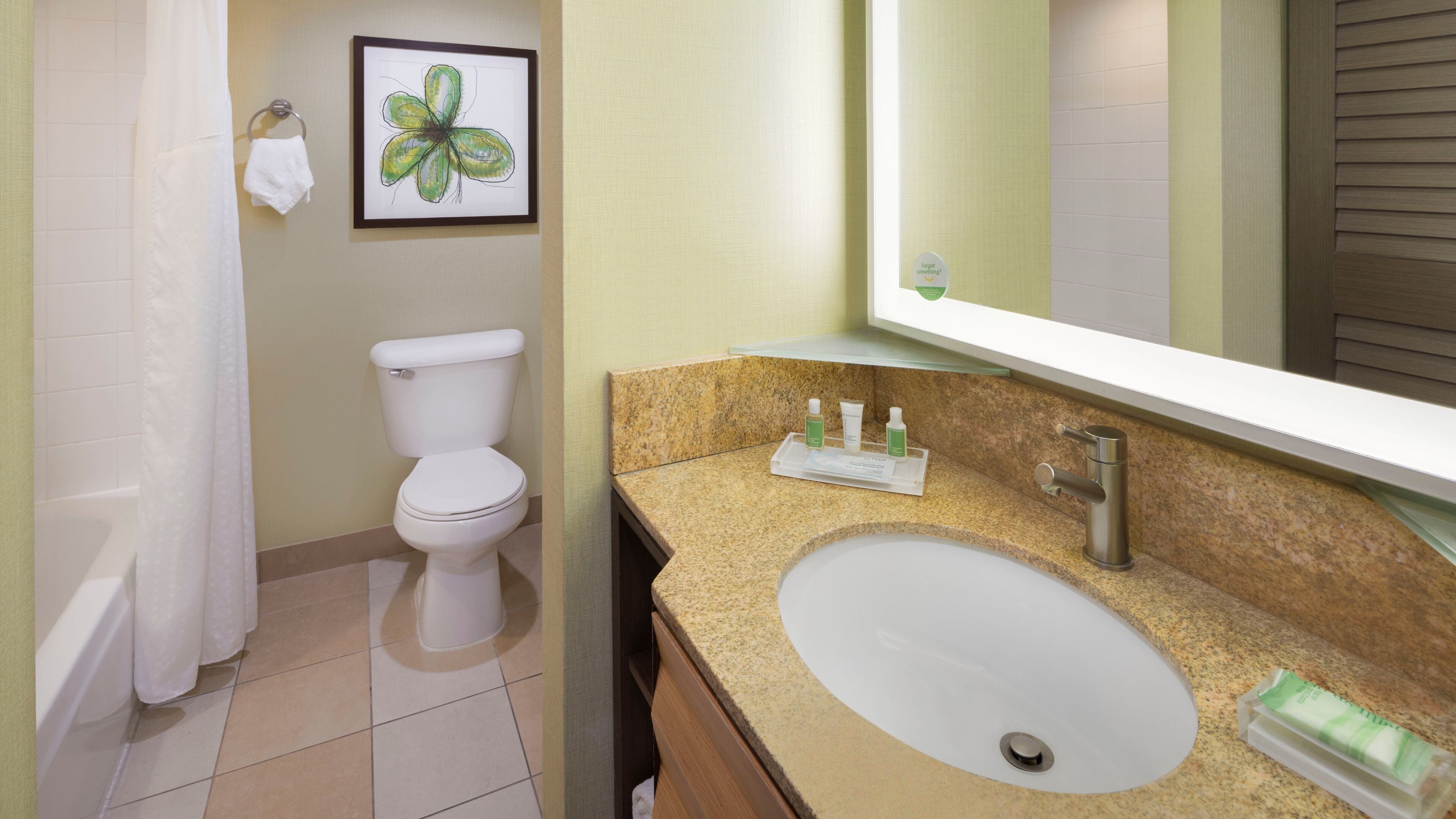 Une salle de bain avec des toilettes, un lavabo et une œuvre d’art encadrée au mur.