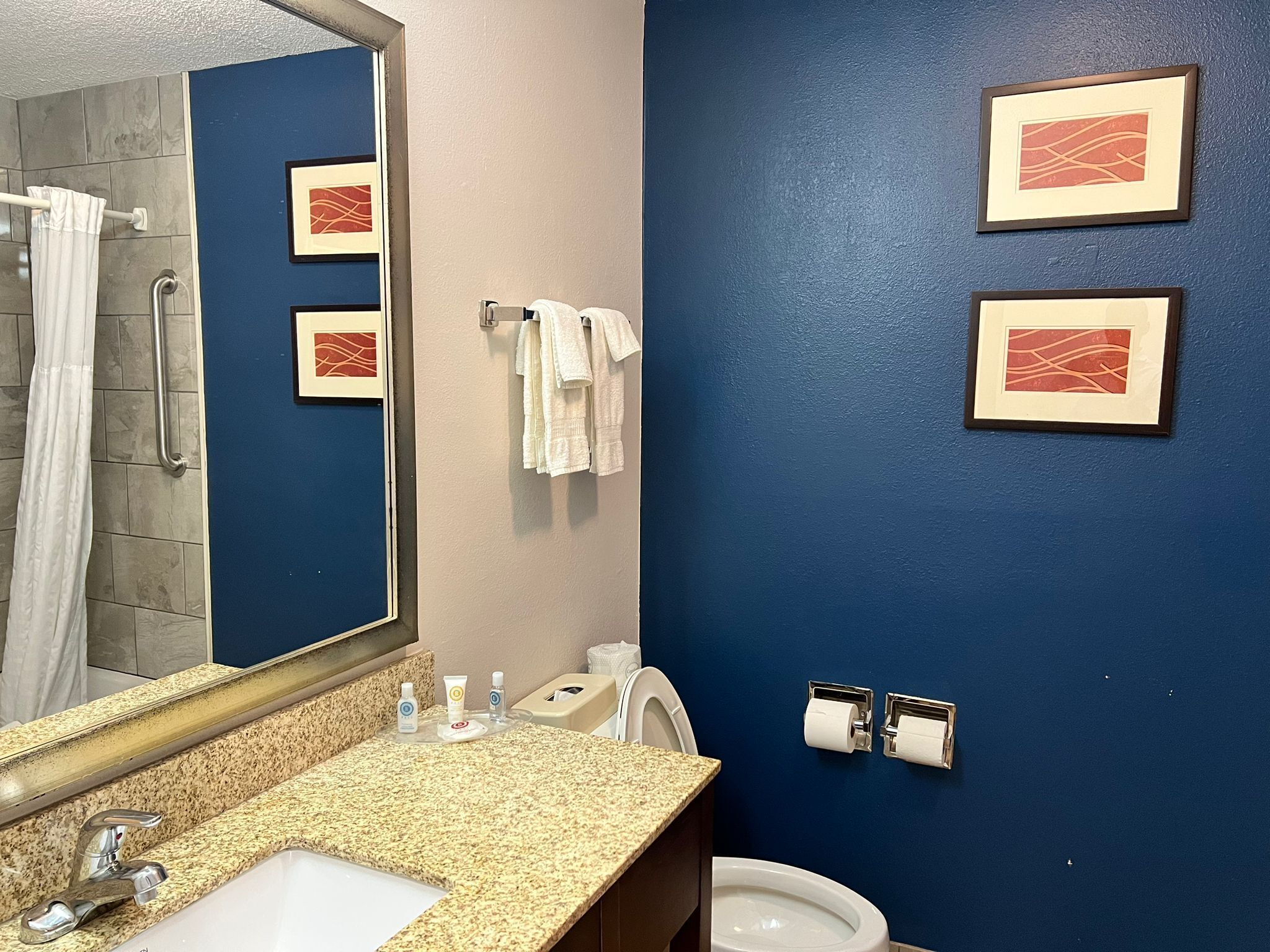 A bathroom with a blue wall, a sink with a granite countertop, a mirror, a toilet, and framed artwork.